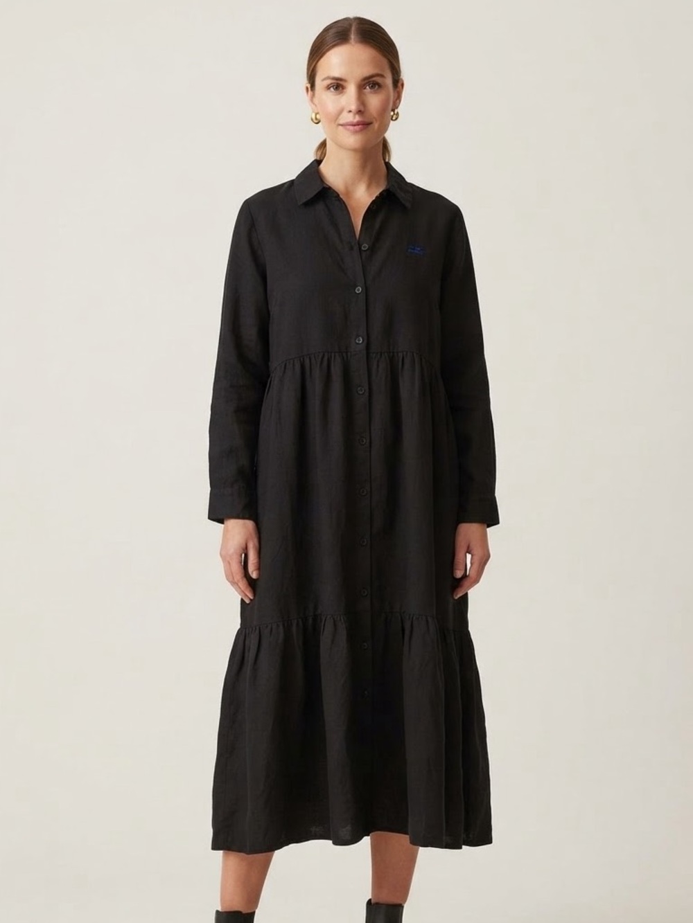 The Tiny Big Sister Sz 10 (42) Black Tiered Relaxed Long Sleeves Midi Dress